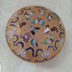 Cloisonne Trinket Box Butterfly Floral Chinese Enamel Round